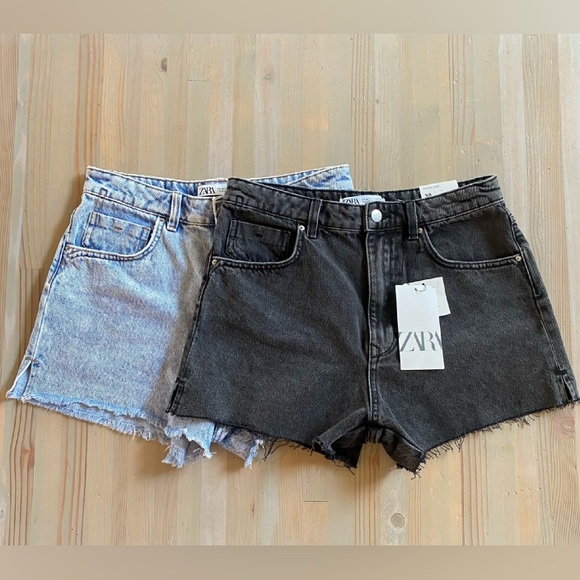 2 Pair Zara High Rise Shorts Black Blue Denim Bundle Lot 6 27 28 - Picture 1 of 10